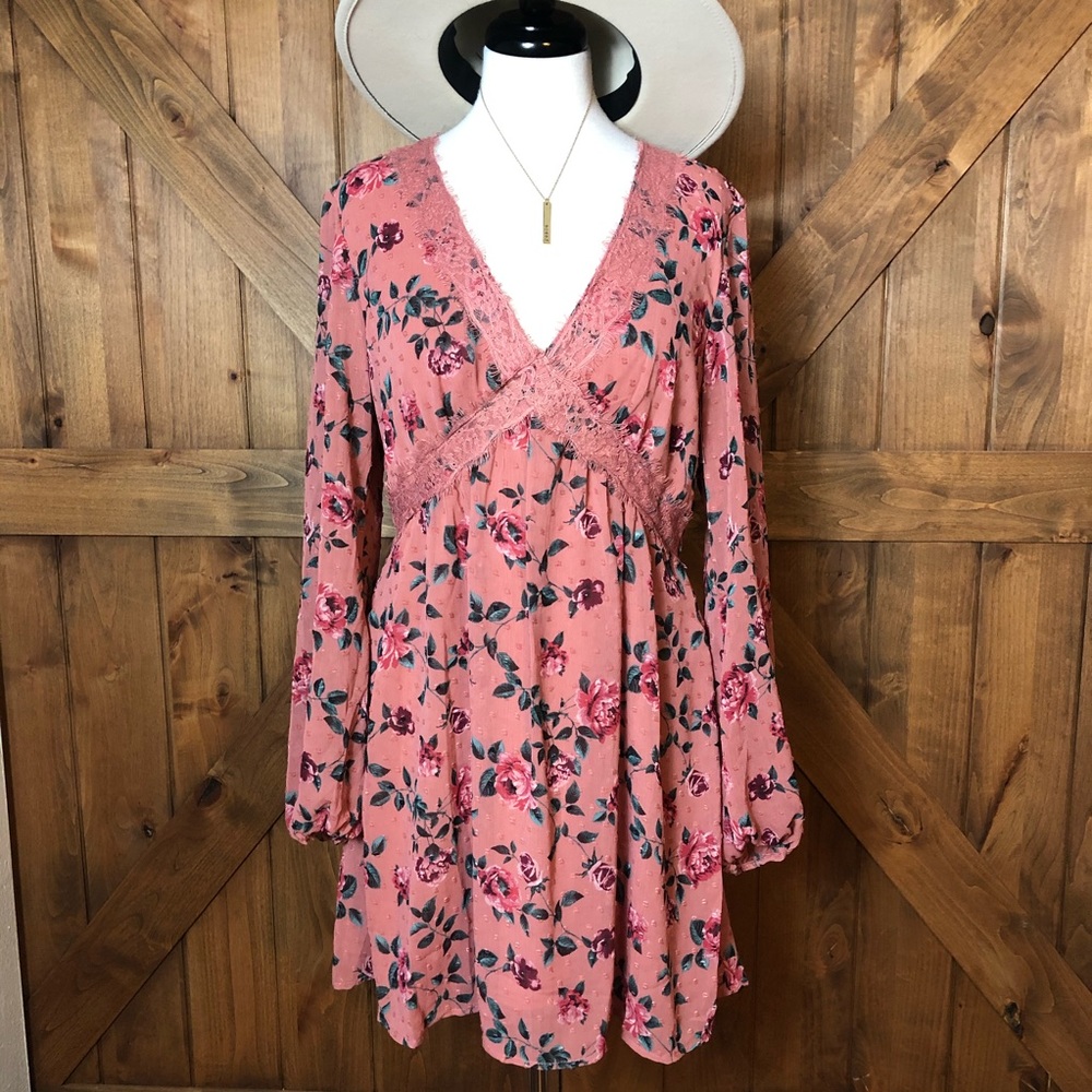 Boho long Sleeve Floral Pink Rose Mini Dress